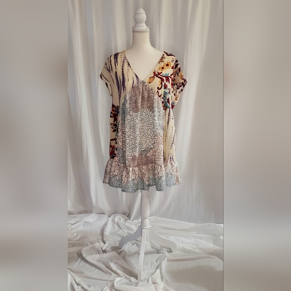 Bucketlist Mix Floral Print Mini Tunic Dress Sleevless V-Neck Boho Ruffle Size S - Picture 1 of 9